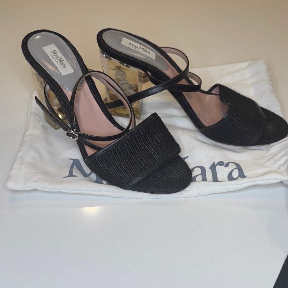 MaxMara Black Heeled Sandals with Transparent Sea Shell Accents